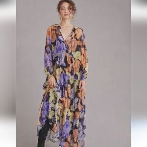 Anthropologie Long Sleeve Dress in Purple and Orange Floral